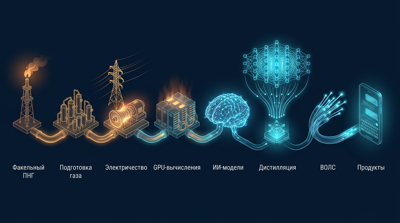 Цепочка: Факельный ПНГ → Подготовка газа → Электричество → GPU-вычисления → ИИ-модели → Дистилляция → ВОЛС → Продукты